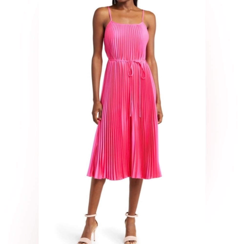 Hot Pink Sam Edelman spaghetti strap Pleated Midi Dress with tie at waist